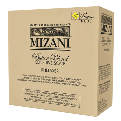A beige box of Mizani Butter Blend Sensitive Scalp Rhelaxer 4 Application, featuring black text and a yellow Paynes Plus logo on the top, shown at a three-quarter angle against a white background.