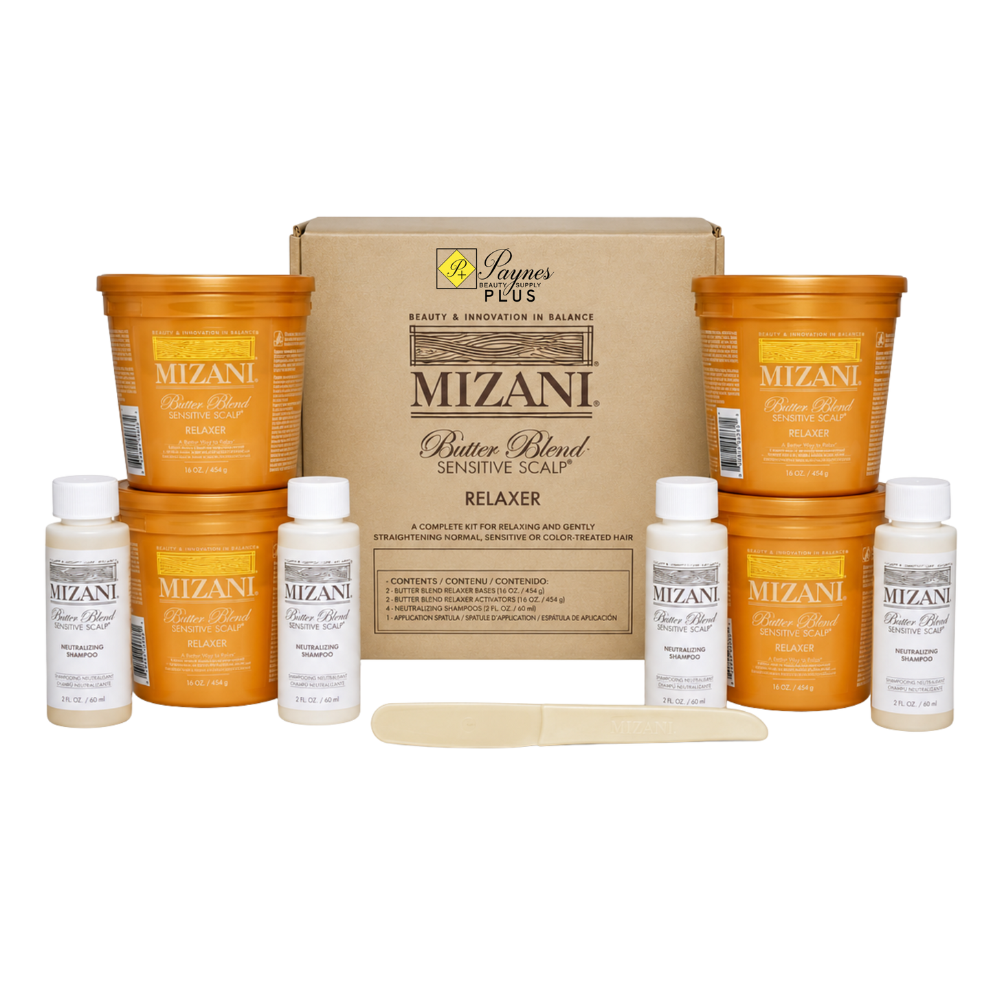 Entire 4 Application Mizani Butter Blend Sensitive Scalp Relaxer kit with a brown cardboard box, orange hair treatment tubs, white bottles, and a wooden spatula on a white background.