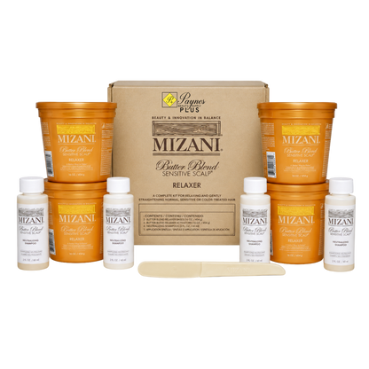 Entire 4 Application Mizani Butter Blend Sensitive Scalp Relaxer kit with a brown cardboard box, orange hair treatment tubs, white bottles, and a wooden spatula on a white background.