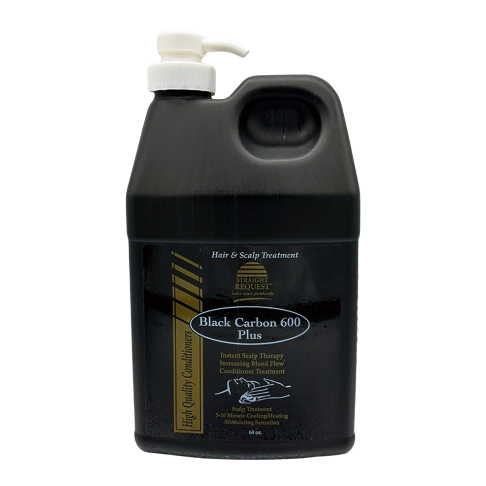 Straight Request Black Carbon 600 Plus activated charcoal detox treatment for scalp and hair purification.