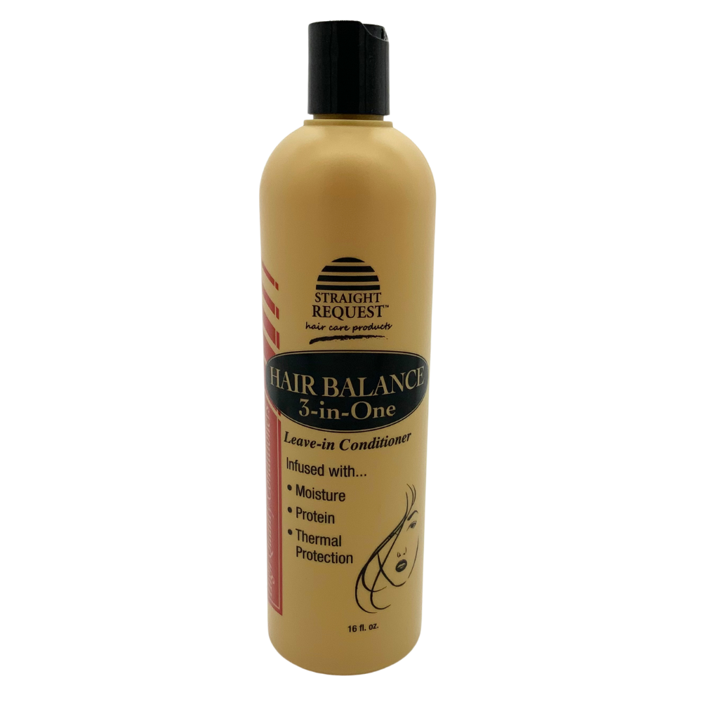 Straight Request Hair Balance 3‑in‑One leave‑in, detangles, and moisture treatment for all hair types.