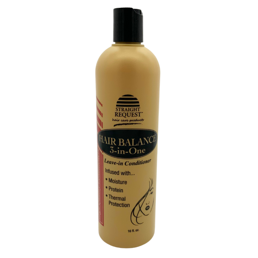 Straight Request Hair Balance 3‑in‑One leave‑in, detangles, and moisture treatment for all hair types.