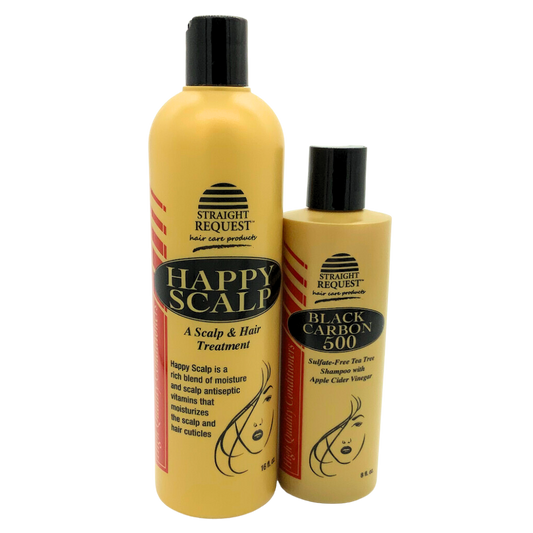 Straight Request Happy Scalp and Black Carbon 500 combo set for detox and itch‑relief scalp treatment.