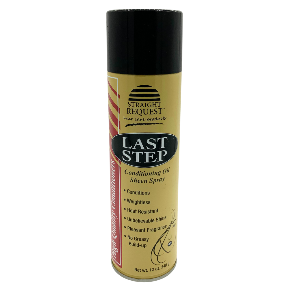 Straight Request Last Step Oil Sheen Spray BB for lightweight shine and moisture.