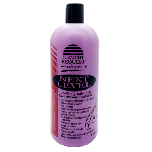 Straight Request Next Level Strengthen Conditioner for advanced breakage reduction and strengthening.