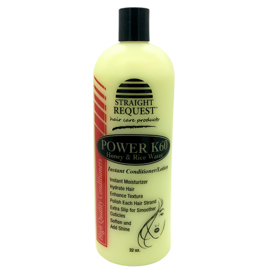 Straight Request Power K60 Gold conditioner with honey and rice water for growth and repair.