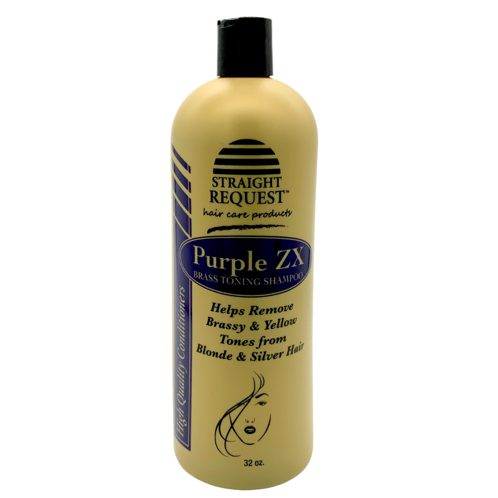 Straight Request Purple ZX Shampoo, anti‑brass toning cleanser for blonde, silver, and highlighted hair.