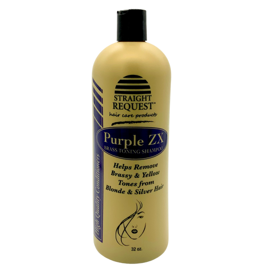 Straight Request Purple ZX Shampoo, anti‑brass toning cleanser for blonde, silver, and highlighted hair.