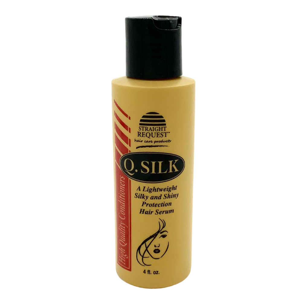 “Straight Request Q. Silk silkening hair serum for smooth, soft, frizz‑free hair.”