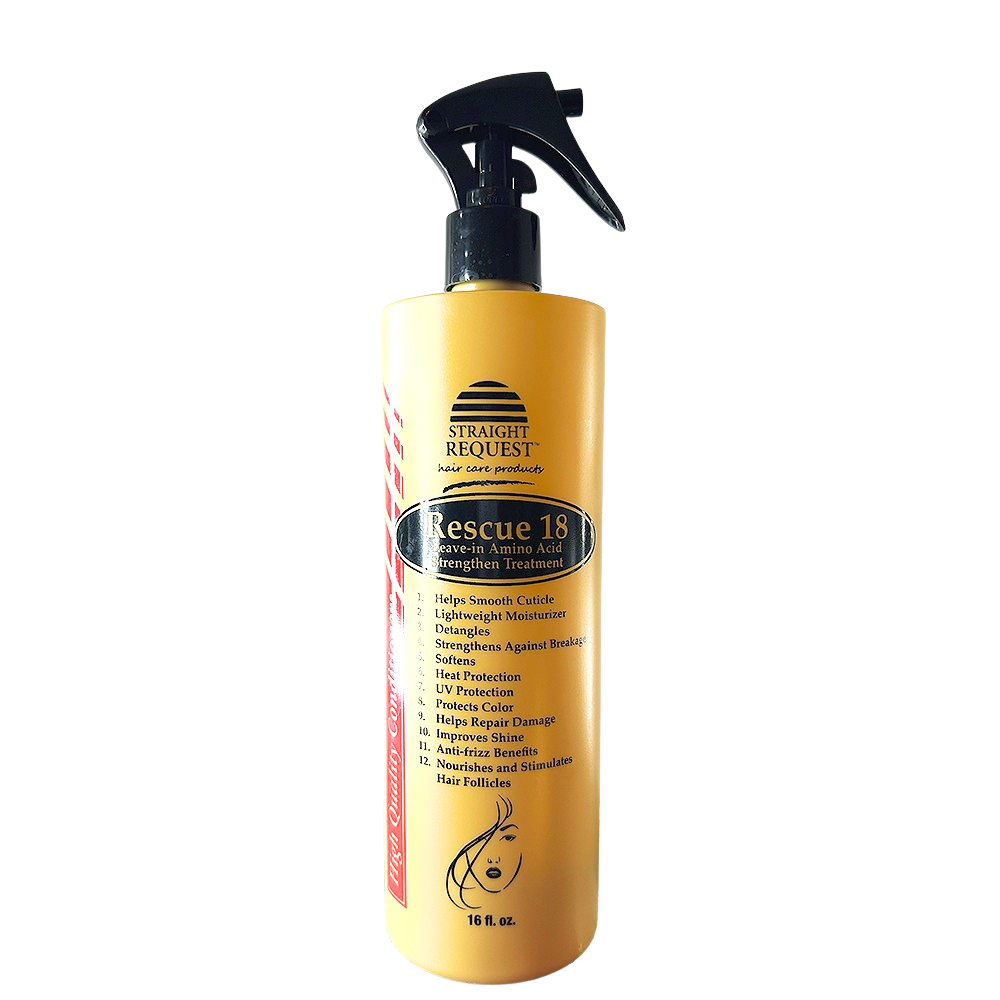 Straight Request Rescue 18 amino acid strengthening leave‑in spray for damaged hair.