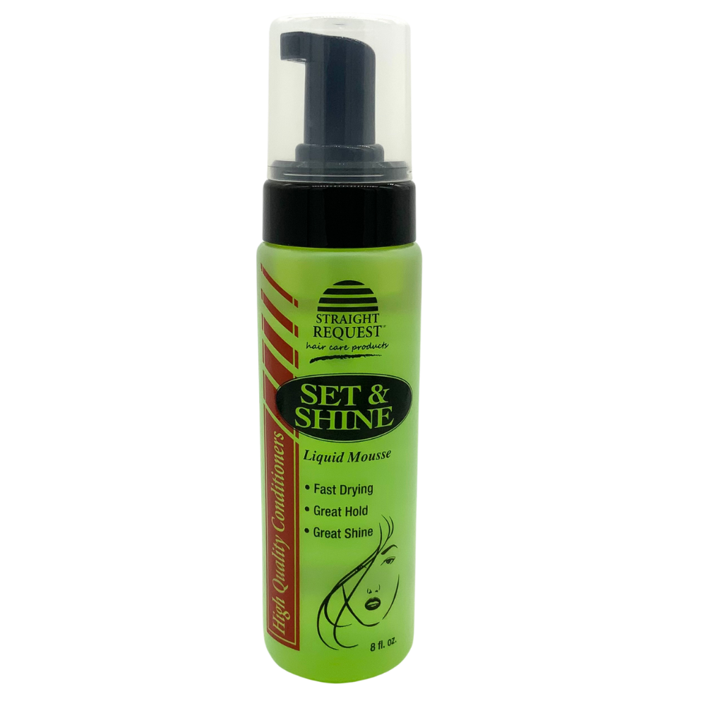 Straight Request Set & Shine Liquid Mousse for firm hold, shine, and styling control.