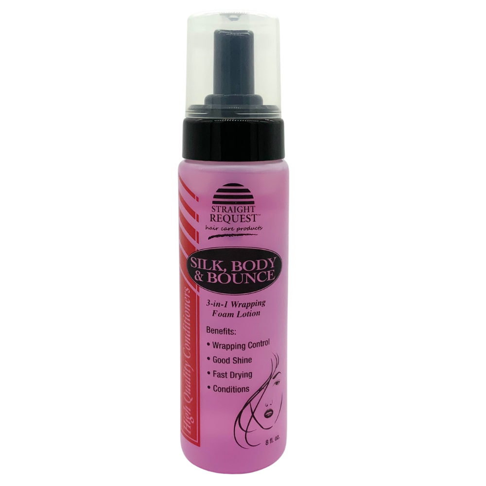 Straight Request Silk Body & Bounce lightweight styling lotion for soft, silky movement and body.