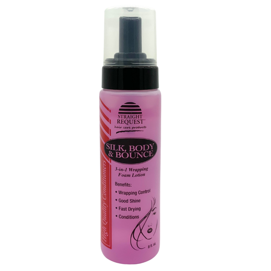 Straight Request Silk Body & Bounce lightweight styling lotion for soft, silky movement and body.