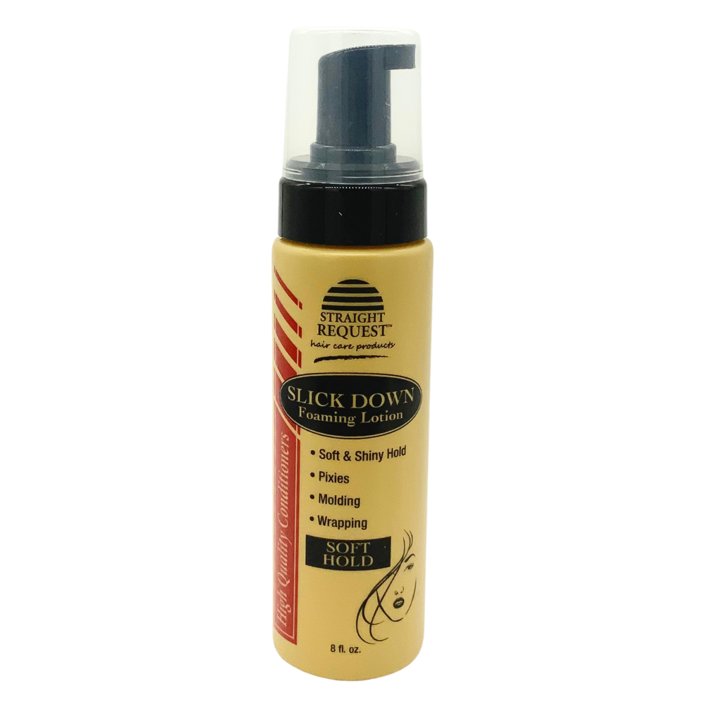 Straight Request Slick Down Foaming Lotion for smoothing wraps and sleek, laid‑down styles.