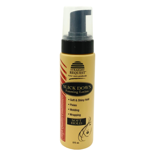 Straight Request Slick Down Foaming Lotion for smoothing wraps and sleek, laid‑down styles.