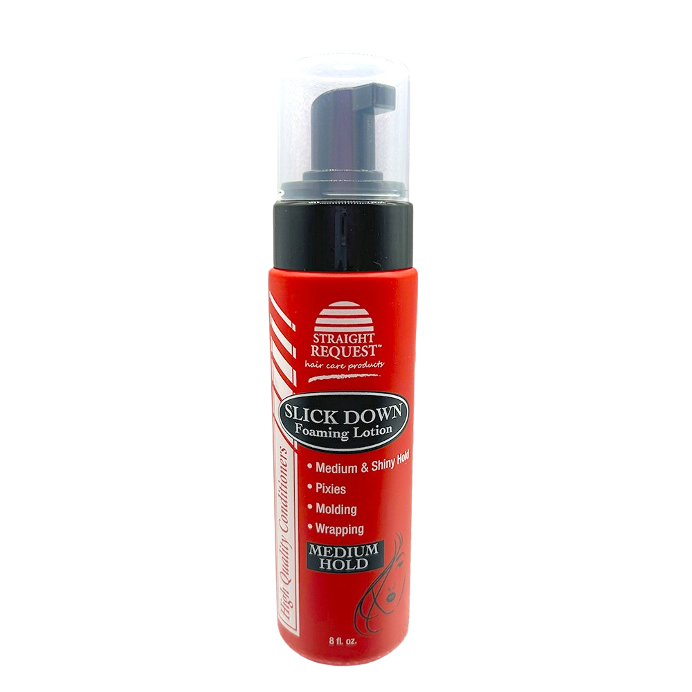 Straight Request Slick Down Foaming Lotion, medium-hold smoothing foam for sleek, laid-down styles.