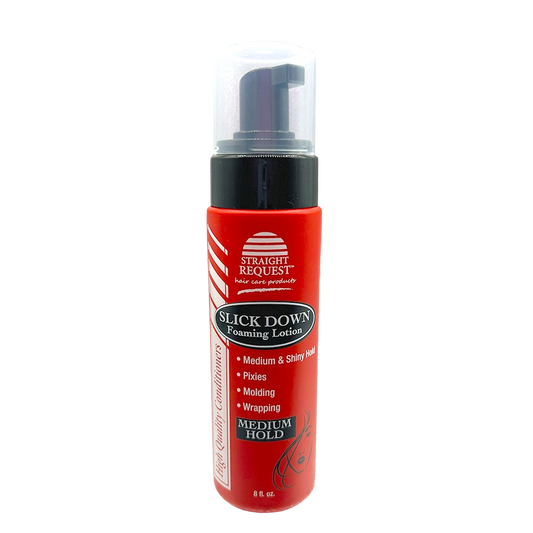 Straight Request Slick Down Foaming Lotion, medium-hold smoothing foam for sleek, laid-down styles.