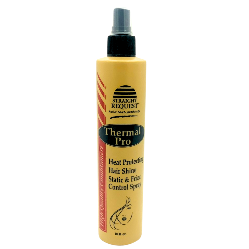 Straight Request Thermal Pro Heat Protecting Shine Spray for heat protection and smooth, shiny styles.