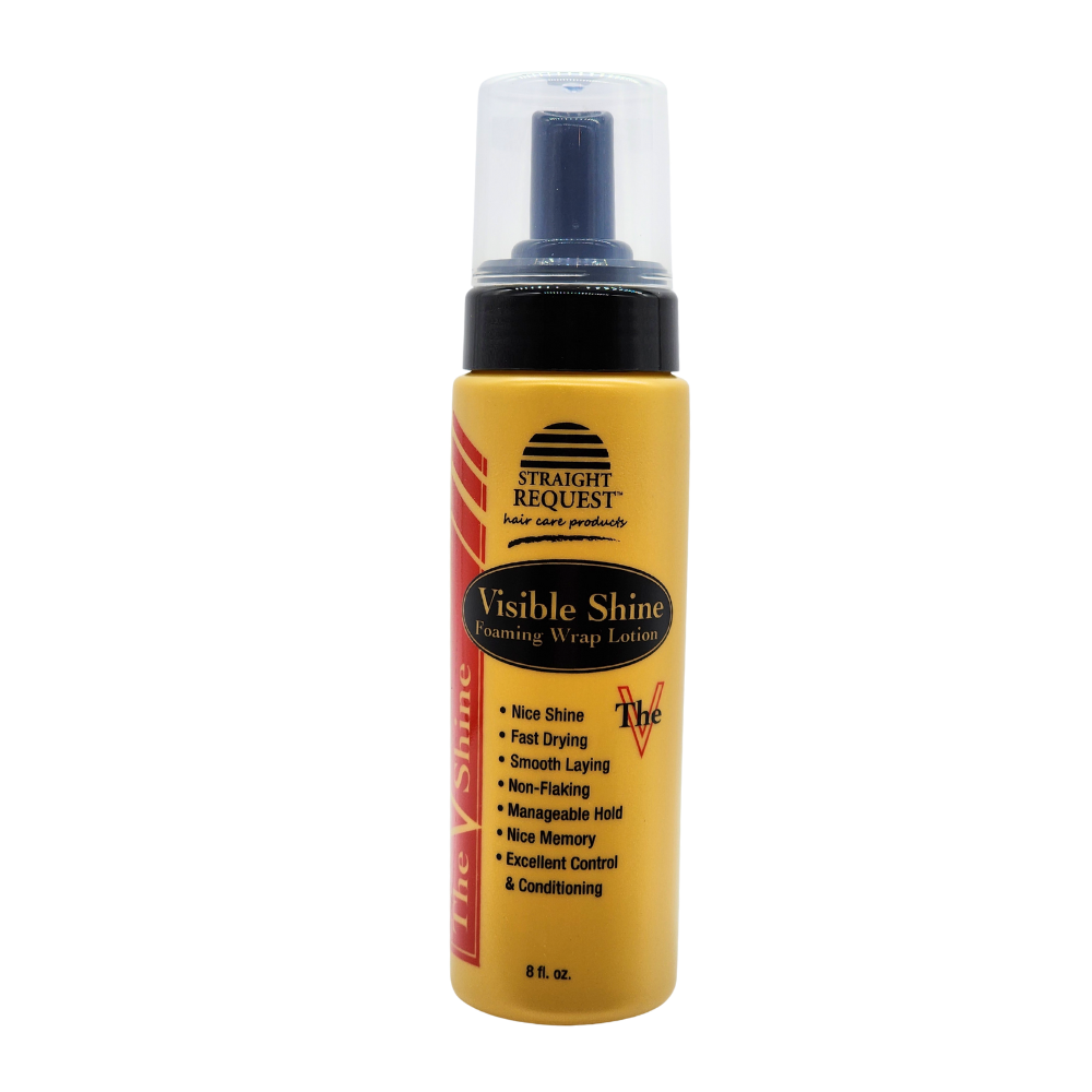 Straight Request Visible Shine lightweight foaming wrap lotion shine enhancer for glossy, healthy‑looking hair.